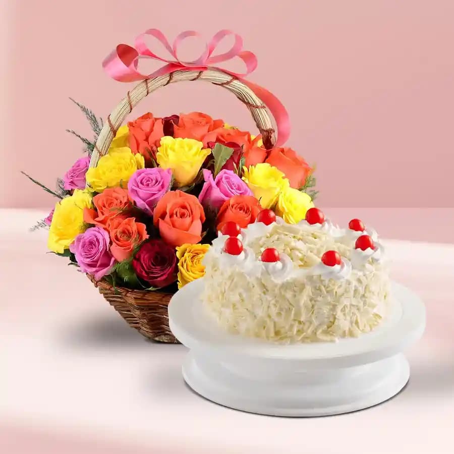Awesome Combo of Assorted Roses Basket n White Forest Cake
