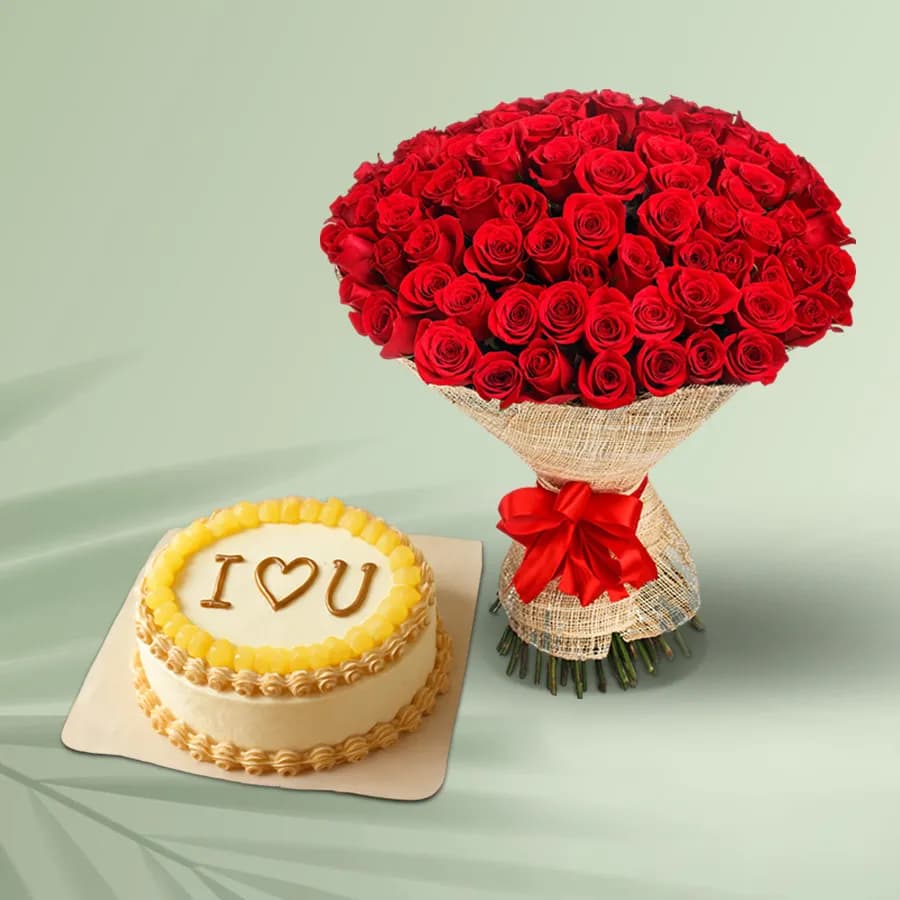 Delightful 48 Red Roses Long Stem Bunch N Pineapple Cake Gift Combo
