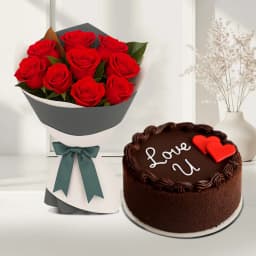 Cheerful Red Roses Bouquet with Chocolate Cake 1