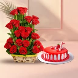 Alluring 50 Red Roses Basket with Strawberry Cake 1