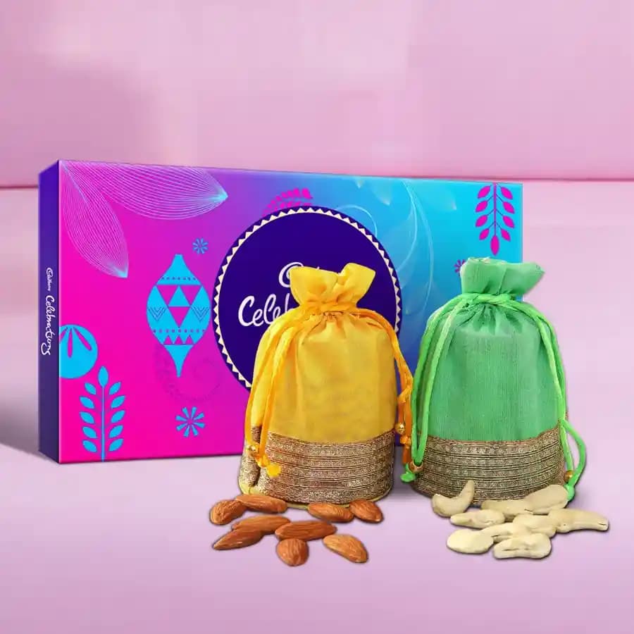 Irresistible Dry Fruit Potli with Cadbury Celebration Chocolate Pack