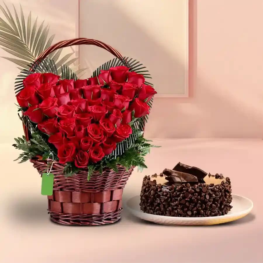 Lovely Red Roses Heart Shaped Arrangement with Chocolate Cake