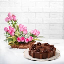 Delightful 50 Pink Roses Basket with Chocolate Cake 1