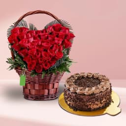 Lovely Heart Shape Basket of 50 Red Roses n Chocolate Cake 1