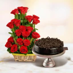 Enigmatic Gift of 50 Red Roses Basket n Chocolate Cake 1