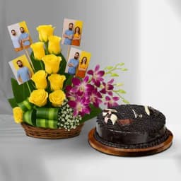 Radiant Mixed Flowers n Personalized Photo Basket with Truffle Cake 1