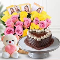 Impressive Roses N Personalized Photo Basket with Love Cake n Cute Teddy 1