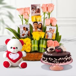Impressive Mixed Roses N Personalized Photo Basket with Love Cake n Soft Teddy 1