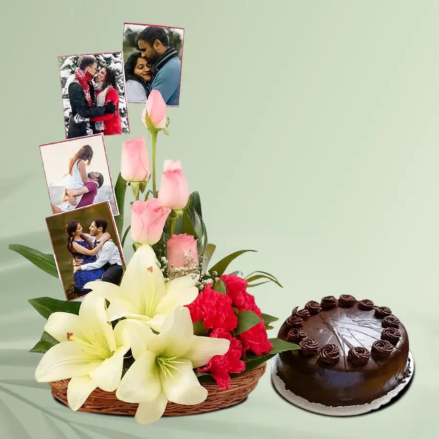 Adorable Mixed Flowers N Personalized Photos Arrangement with Chocolate Cake