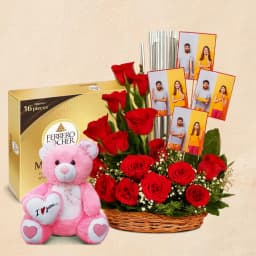 Lovely Red Roses N Personalized Photos Arrangement with Soft Teddy n Ferrero Moments 1