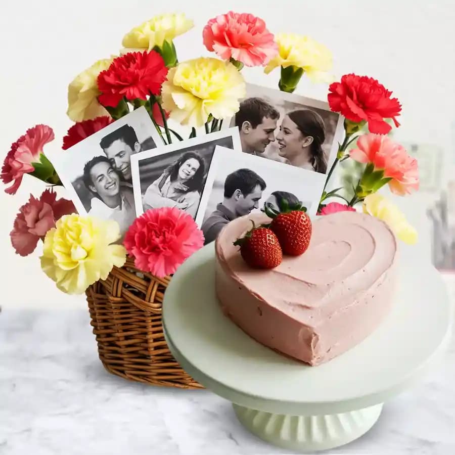 Stunning Mixed Carnations and Personalized Photo Basket with Love Strawberry Cake