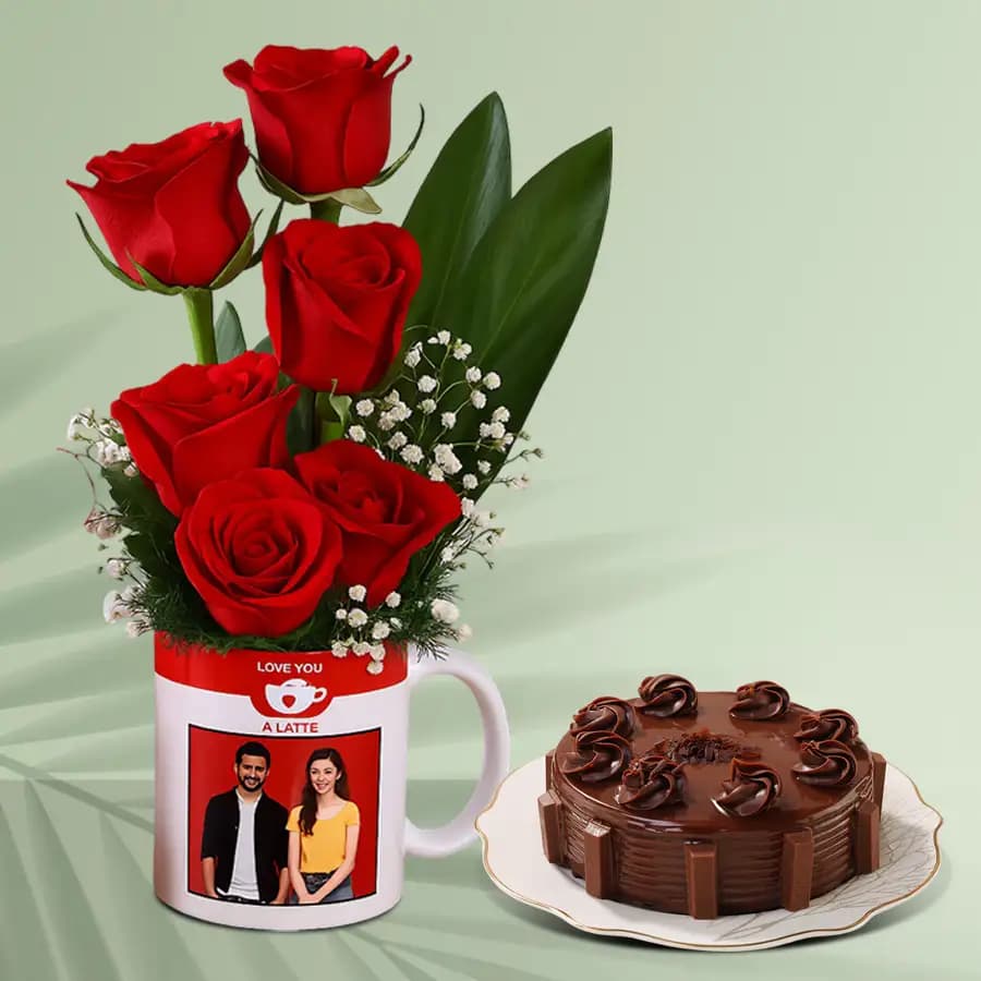 Lovers Delight Personalized Photo Mug with Red Roses and Chocolate Cake