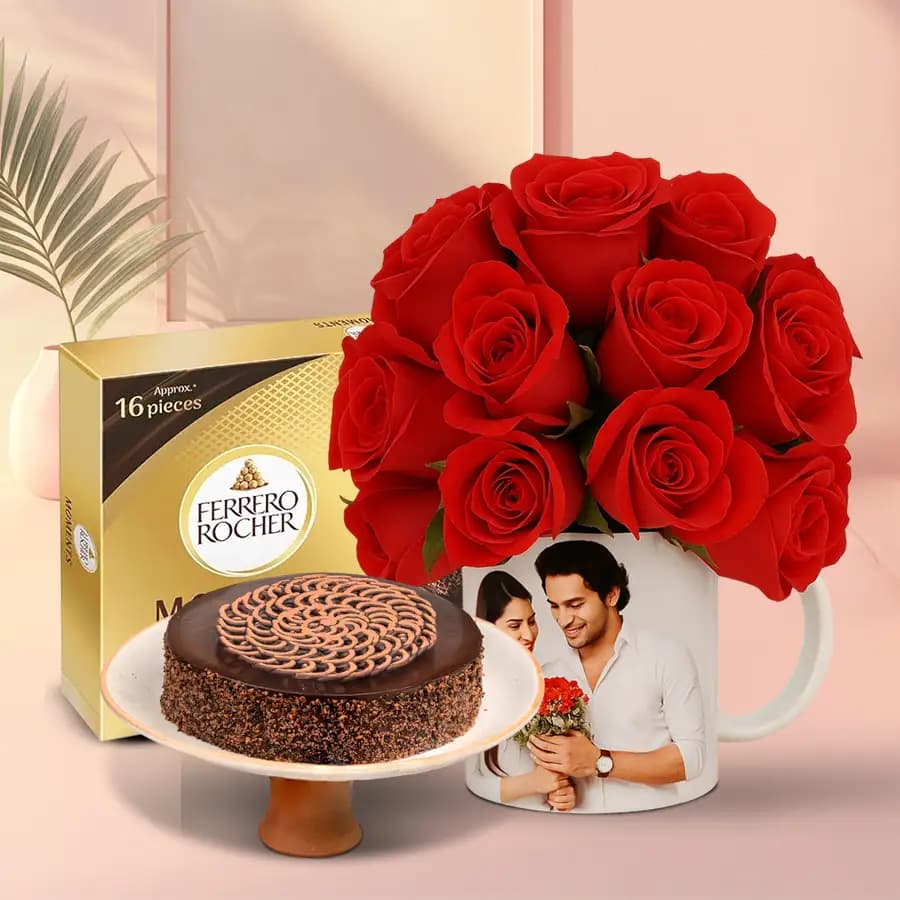 Lovely Roses in Personalized Photo Mug with Chocolate Cake n Ferrero Moments