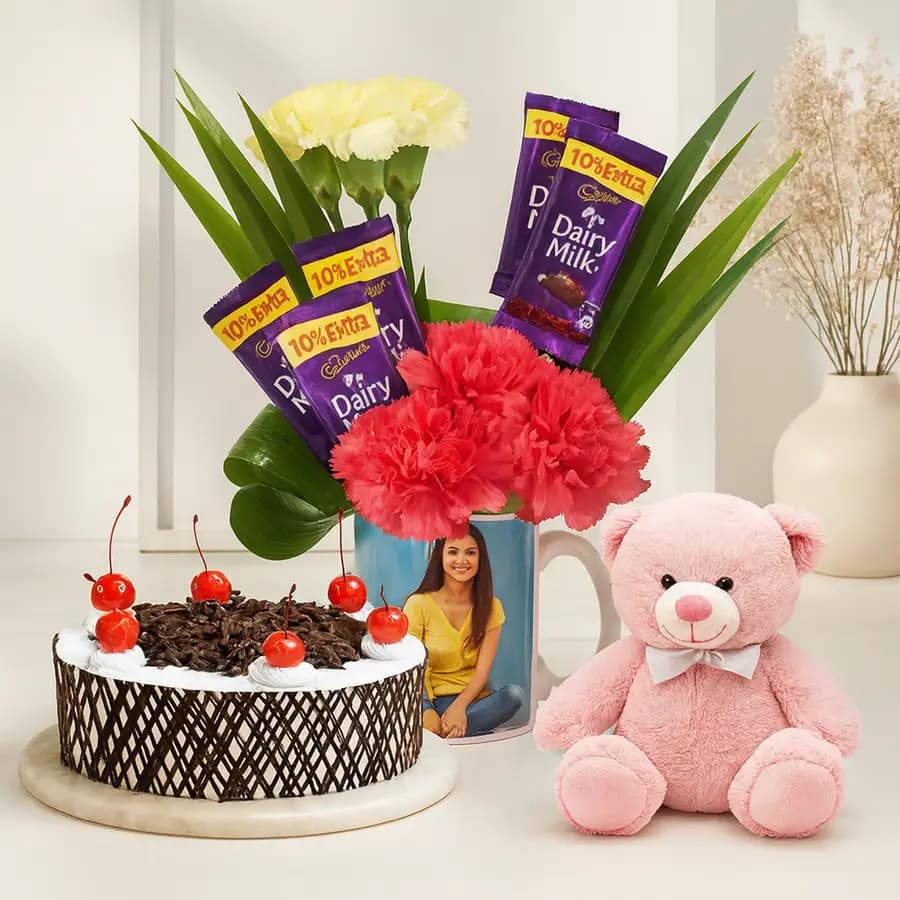 Personalized Photo Mug of Carnations n Chocolate with Black Forest Cake n Cute Teddy