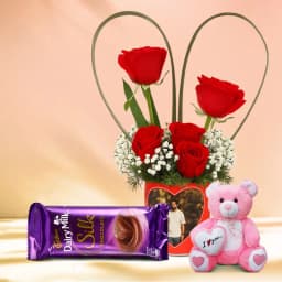 Love Filled Personalized Photo Mug of Roses with Cadbury Silk and Cute Teddy 1