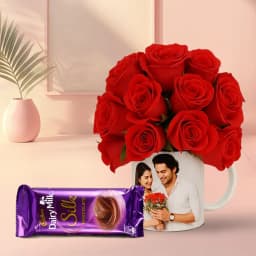 Lovers Favorite Red Roses in Personalized Photo Mug with Cadbury Silk 1