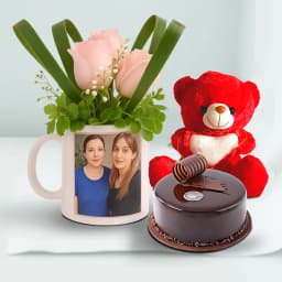 Lovely Pink Roses in Personalized Photo Mug with Chocolate Cake n Soft Teddy 1