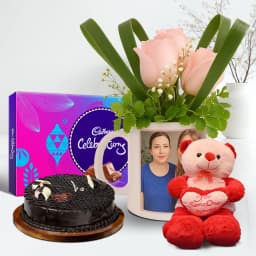 Dazzling Roses in Personalized Love Mug with Chocolate Cake Teddy and Cadbury Chocolates 1