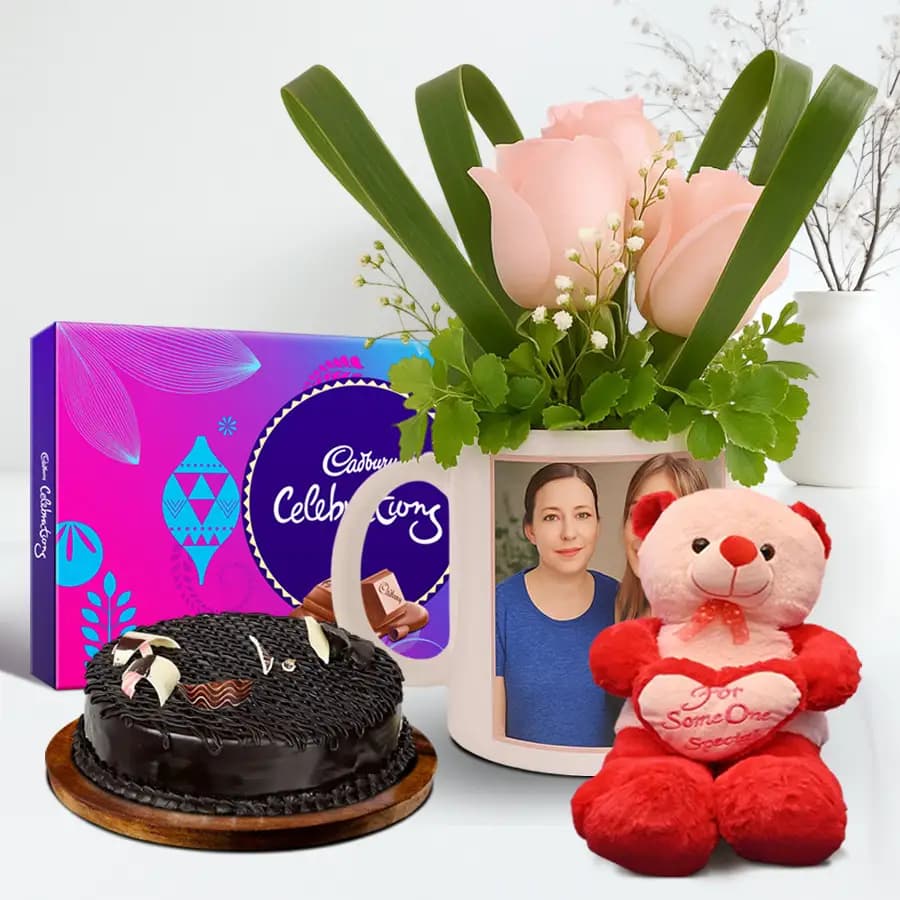 Dazzling Roses in Personalized Love Mug with Chocolate Cake Teddy and Cadbury Chocolates