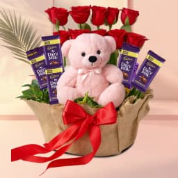 Romantic Basket of Red Roses, Cadbury Dairy Milk n Cute Teddy 1