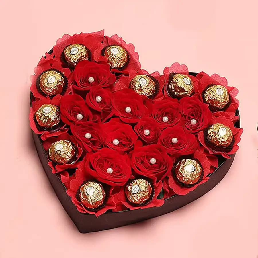Fabulous Red Roses n Ferrero Rocher Heart Shape Arrangement