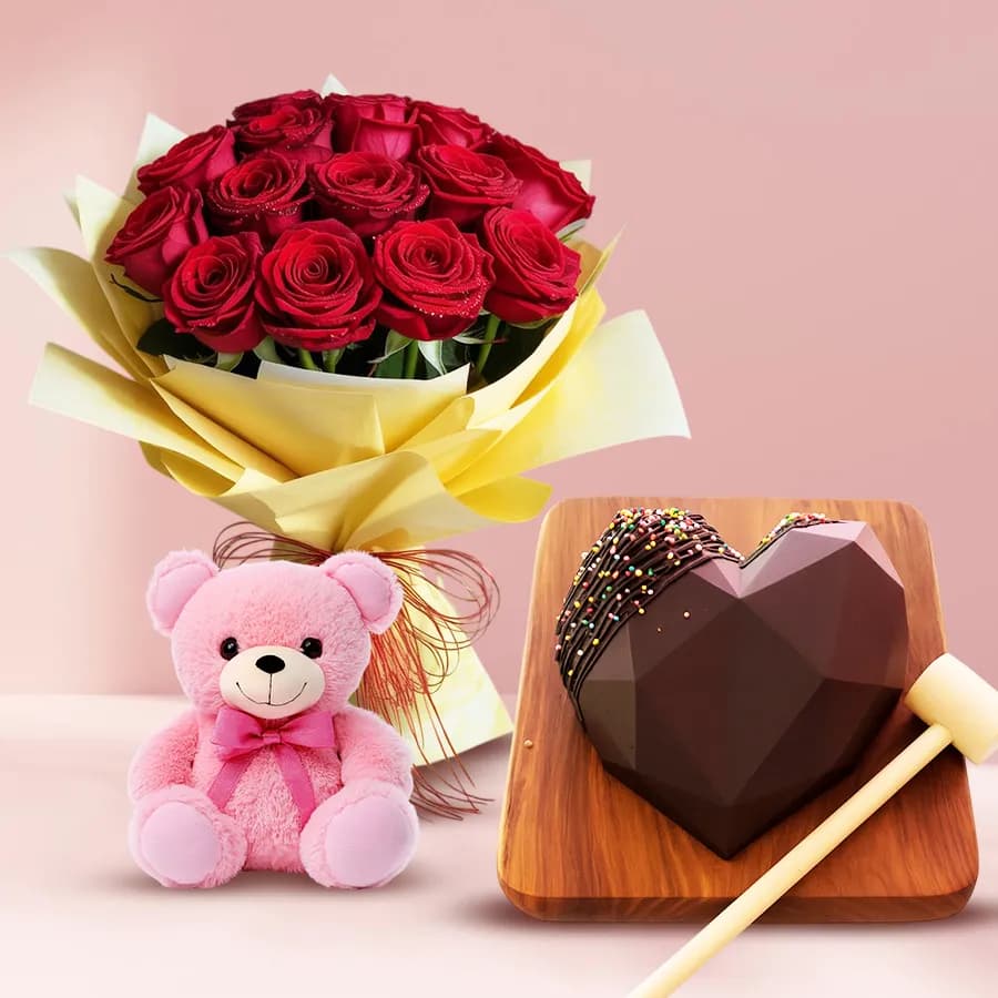 Alluring Red Roses Bouquet Heart Shape Chocolate Pinata Cake n Soft Teddy