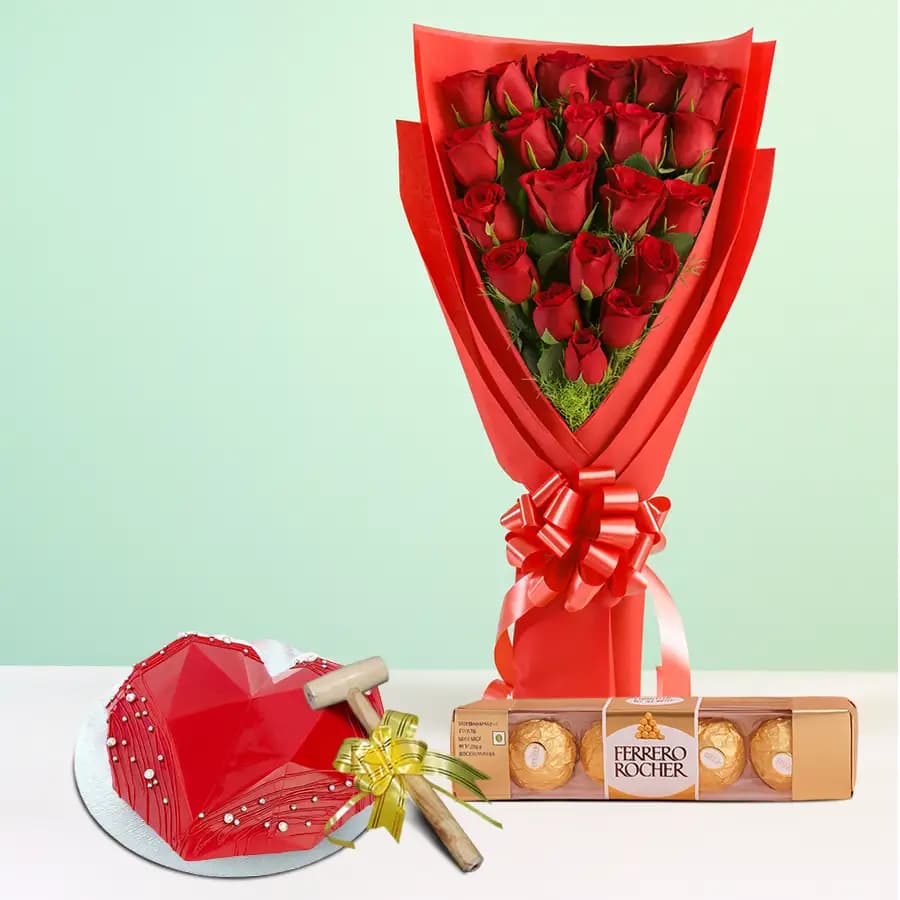 Radiant Red Roses Bouquet Red Heart Pinata Cake n Ferrero Rocher