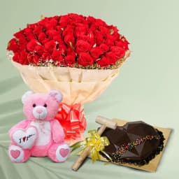 Gorgeous Red Roses Bouquet with Chocolate Heart Pinata Cake n Teddy 1