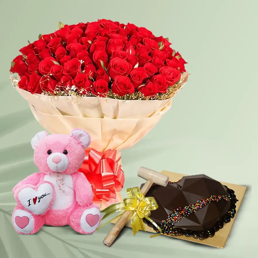 Gorgeous Red Roses Bouquet with Chocolate Heart Pinata Cake n Teddy