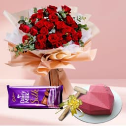 Splendid Combo of Red Roses Bouquet Bleeding Love Hammer Cake n Cadbury Silk 1
