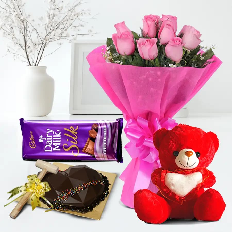 Glamorous Pink Rose Bouquet Love Shape Pinata Cake Teddy N Cadbury Silk