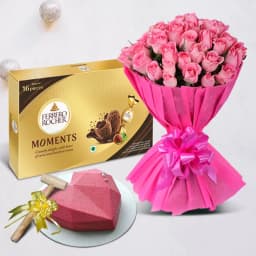 Pink Perfection Rose Bouquet Love Pinata Cake n Ferrero MomentsGift Combo 1