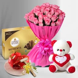 Splendid Pink Rose Bouquet Red Heart Hammer Cake Ferrero Moments n Cute Teddy 1