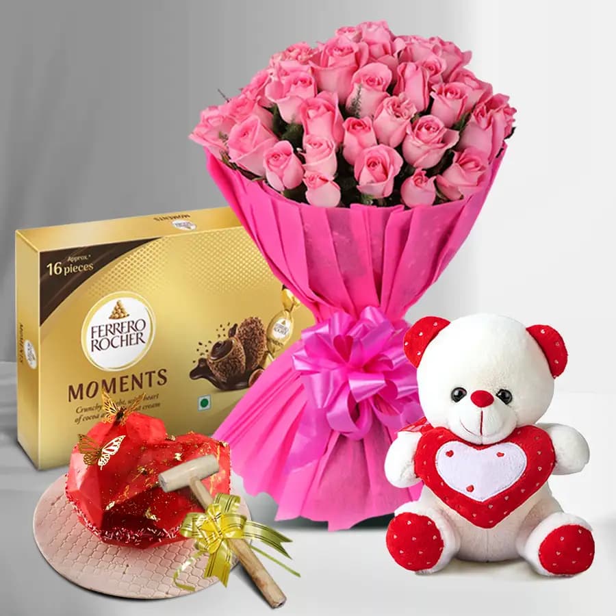 Splendid Pink Rose Bouquet Red Heart Hammer Cake Ferrero Moments n Cute Teddy