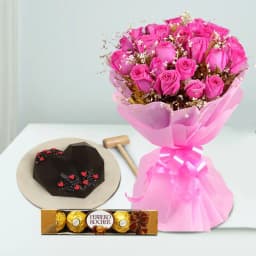 Lovely Pink Roses Bouquet My Heart Line Chocolate Pinata Cake n Ferrero Rocher Gift Combo 1