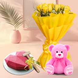 Unique Yellow Roses Bouquet Heart Shape Strawberry Hammer Cake n a Cute Teddy 1
