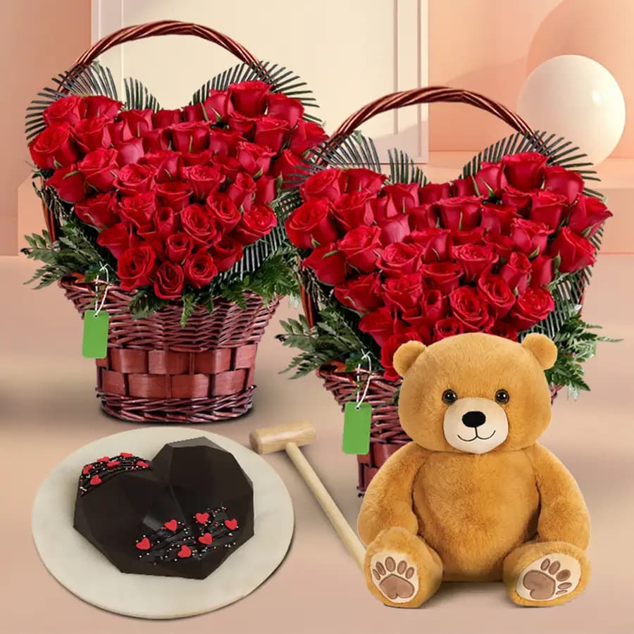 Amazing Gift of Twin Heart Red Roses Bunch Hearty Chocolate Pinata Cake n Cute Teddy