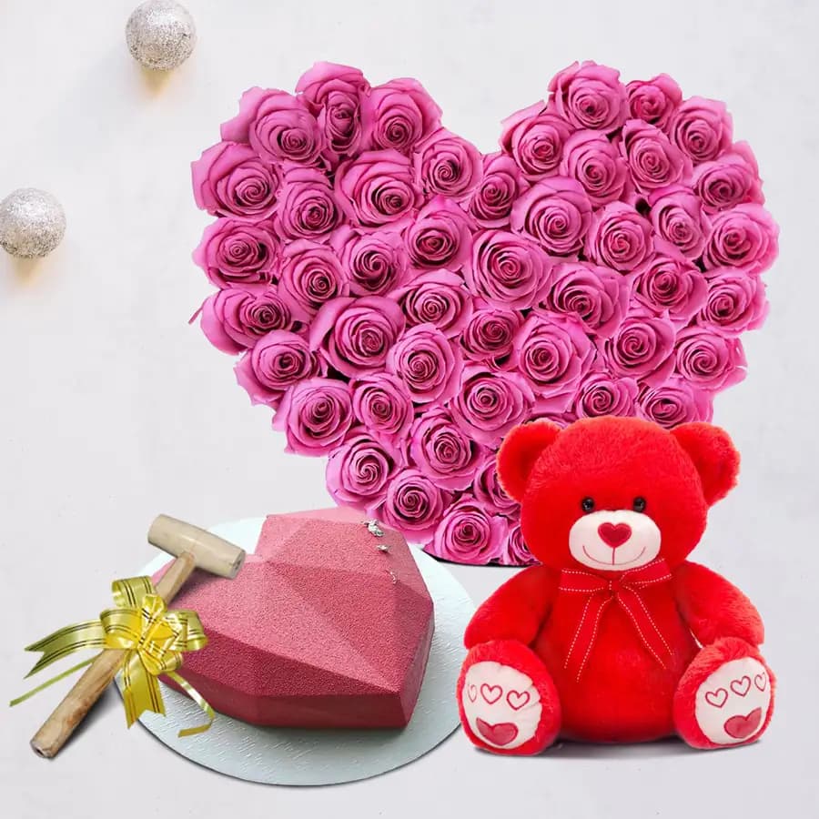 Dazzling Gift of Pink Rose Heart Bouquet Ball of Love Pinata Cake n Cute Teddy