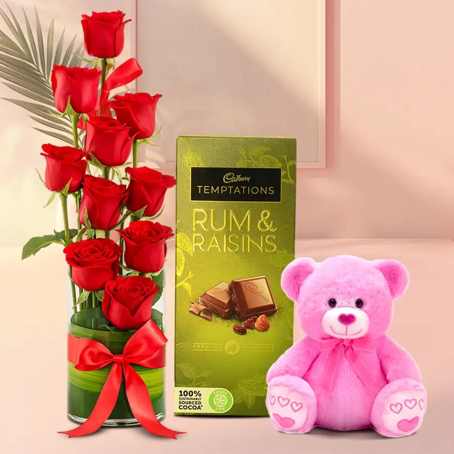 Tempting Cadbury Temptation with Love Teddy N Red Roses in Vase