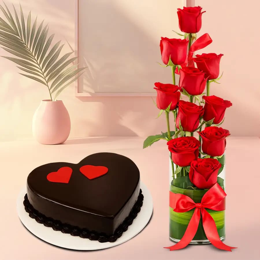 Lost in Thoughts of Red Roses in Vase n Love Chocolate Cake