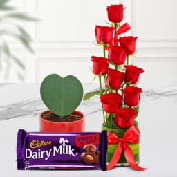 Hearty Choice Red Roses in Vase Hoya Heart Plant n Cadbury Fruit n Nut 1
