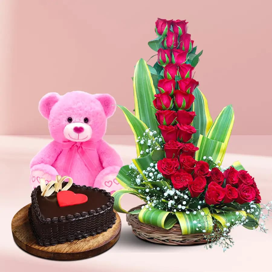 Superb Arrangement of Red Roses Heart Shape Chocolate Cake n Love Teddy