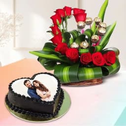 Hearty Bunch of Red Roses N Ferrero Rocher with Personalized Photo Love Cake 1