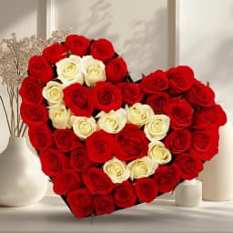 Hypnotic Beauty Red N White Roses Heart Shape Arrangement 1