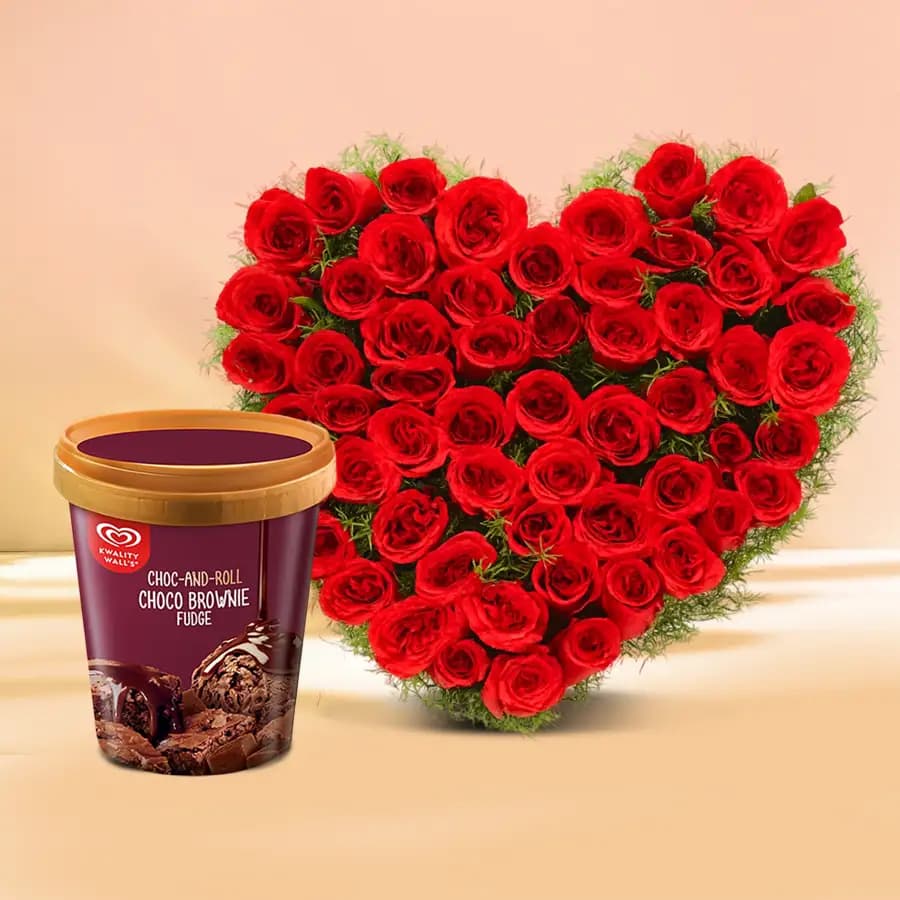 Impressive 50 Rose Love Bouquet with Kwality Walls Brownie Fudge Ice Cream Tub