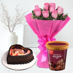 Lovely Pink Roses with Kwality Walls Choco Brownie Ice Cream n Love Photo Cake 1