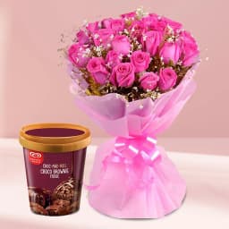 Excellent Pink Rose Bouquet with Kwality Walls Choco Fudge Ice Cream Tub 1