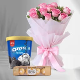 Rendering Love Roses Bouquet with Kwality Walls Oreo Ice Cream and Ferrero Rocher 1