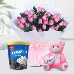 Splendid Rose Bouquet with Kwality Walls Oreo Ice Cream N Teddy 1