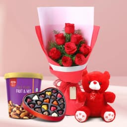 Lovely Roses with Kwality Walls Fruit n Nut Ice Cream Teddy n Handmade Love Chocolate 1